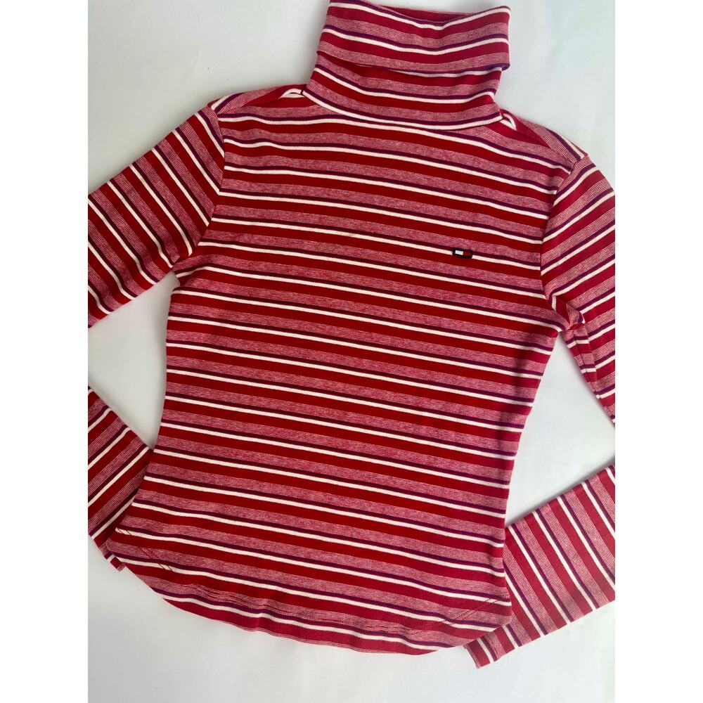90s Tommy Hilfiger Tommy Jeans Cropped Striped Turtleneck Shirt Small VTG Iconic